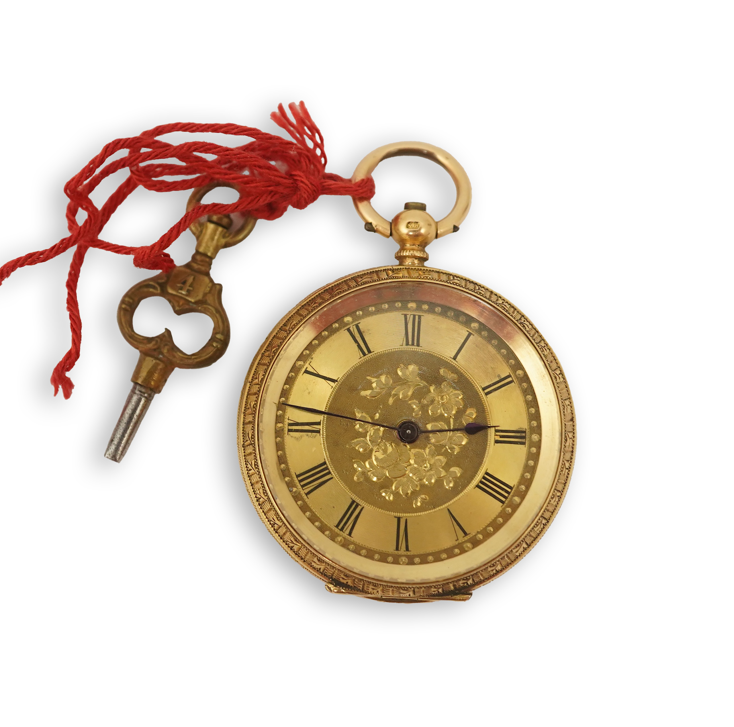 An early 20th century continental engraved 18k gold open faced fob watch